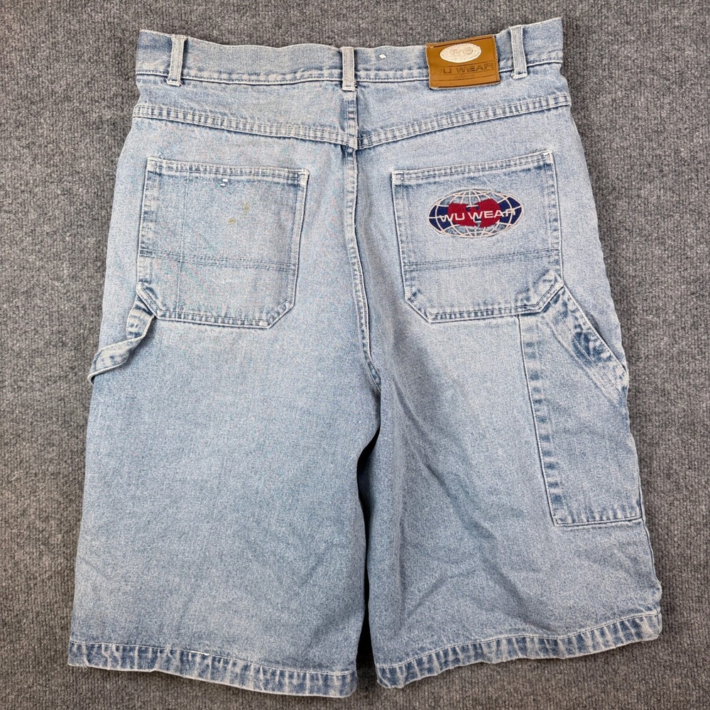 Vintage Wu Wear Jean Shorts Mens 36 Blue Baggy Embroidered Denim Carpenter Y2K